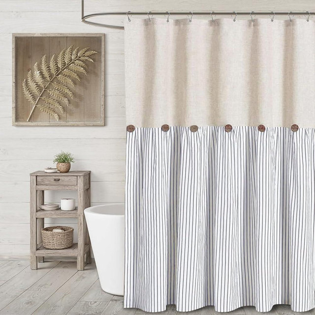 XOGUIBO Farmhouse Shower Curtain Linen Button Woven Fabric Country Rustic Western, Pleated Blue Stripe 72" W x 72" L