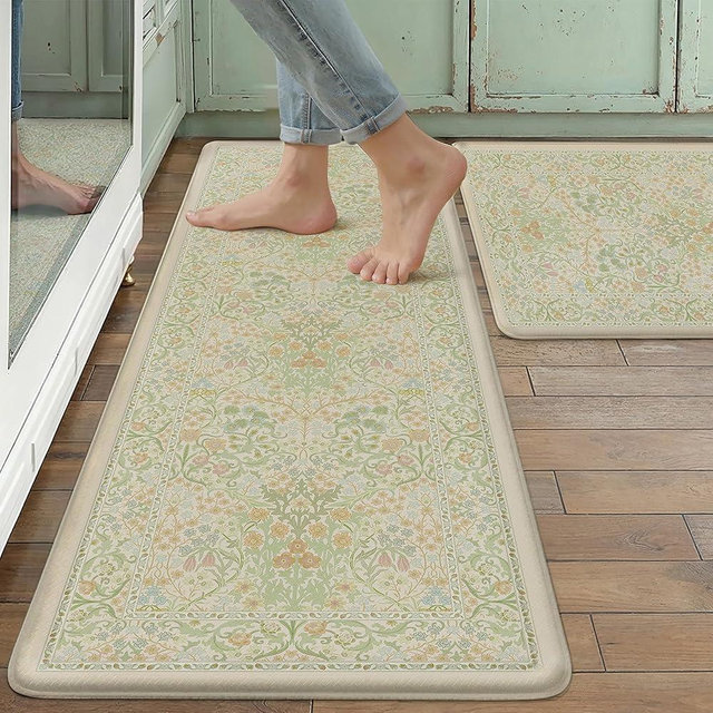 WondRg Kitchen Mats for Floor Thick Anti Fatigue Waterproof Vintage Spring Floral Kitchen Rugs 2PCS Cushioned Non Slip Green Comfort Standing Mats for Sink Laundry Office 17.3"×47"+17.3"×30"