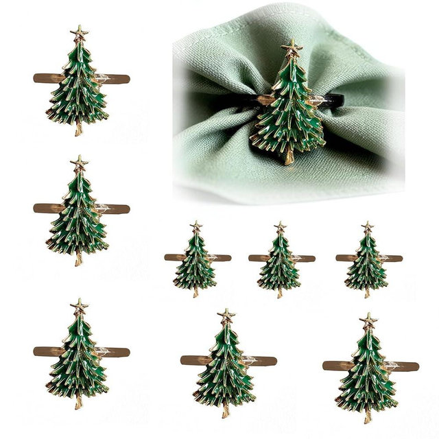 Vifulnts Christmas Tree Napkin Rings, Set of 8, Gold-Tone Metal with Green Enamel, Holiday Table Decor