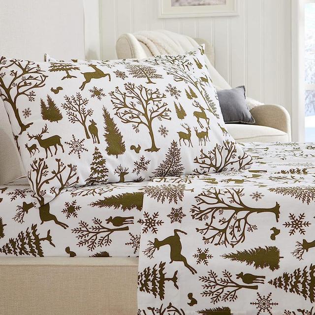 Great Bay Home 100% Turkish Cotton King Holiday Flannel Sheet Set | Deep Pocket Fitted Sheet | Soft, Warm Lodge Bed Sheets | Anti-Pill Flannel Sheets (King, Olive Enchanted Woods)