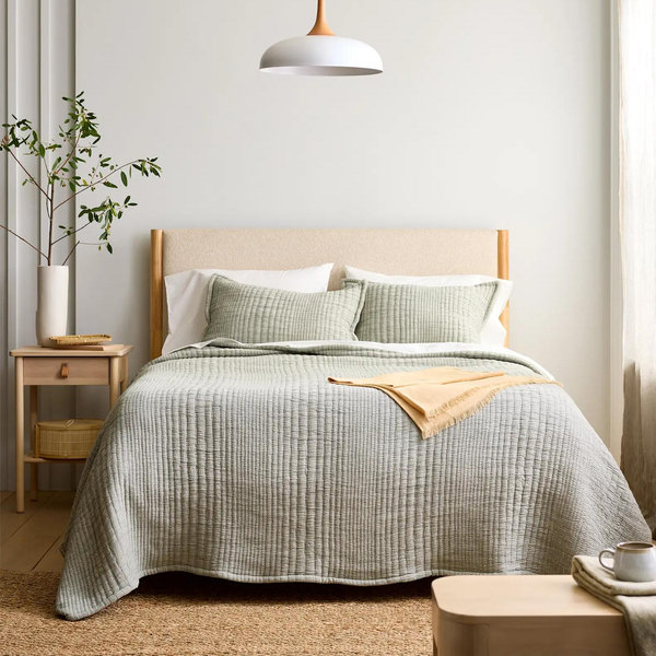 Organic Cotton Channel Stitch Coverlet Set - Green, Full/Queen
