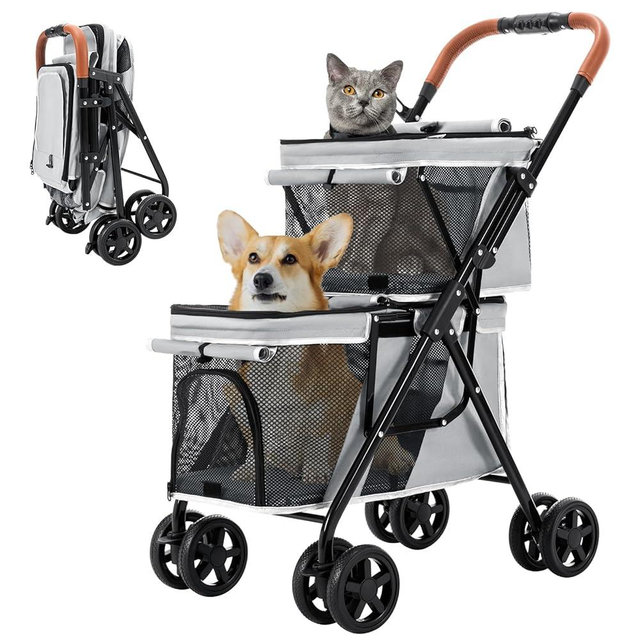 LPOTIUS Double Pet Stroller for Dogs and Cats, One-Hand Folding Dog Stroller Travel Carriage for Small Medium Dogs Cats, 4 Wheels, Gray