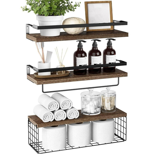 XHGUKC Towel Racks for Bathroom Wall Mounted,3PCS Floating Shelves with Storage Basket, Bathroom Organizers, Wall Mounted Rustic Wood Shelves for Bedroom, Living Room, Kitchen(Dark Brown)
