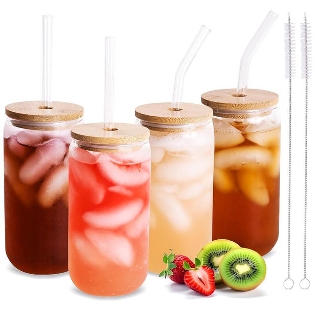 Drinking Glasses 18oz, with Bamboo Lids and Glass Straws, Set of 4, for Mixed Drinks, Cocktails, Beer, Iced Coffee/Tea, Fresh Juice, Smoothies, Parties/Gifts - Includes 2 Straw Cleaners (Clear)