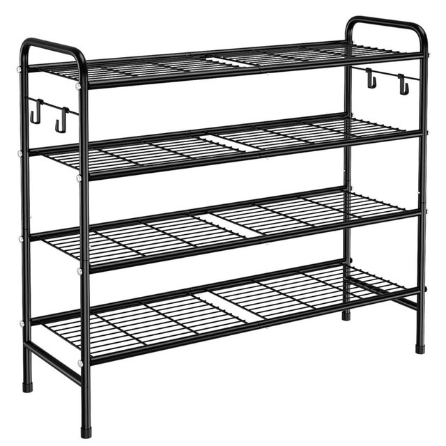 VILICK 4-Tier Shoe Rack 33" Wide Metal Shoe Organizer Long Shoe Storage with 4 Side Hooks Sturdy Shoes Shelf for Closet, Front Door Entrance, Garage, Dorm, Black