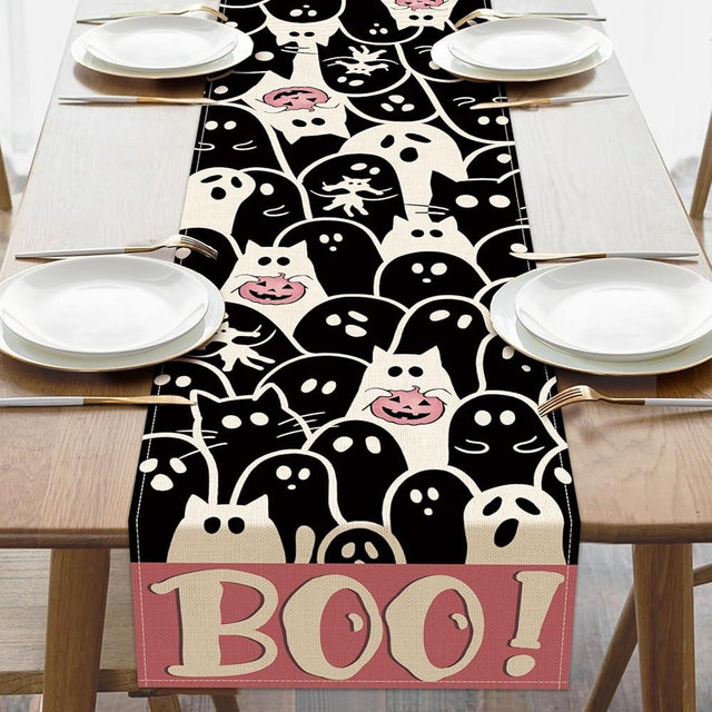 Croar Halloween Spooky Ghost Cat Boo Dining Table Runner, Pink Jack O Lantern Pumpkin Burlap Kitchen Decoration, Funny Indoor Outdoor Home Decor Party Supply 13 x 72 Inches