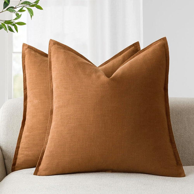 Foindtower Pack of 2, Decorative Linen Soild Throw Pillow Covers Soft Accent Cushion Case Boho Farmhouse Pillowcase for Couch Sofa Bedroom Living Room Home Decor 22 x 22 Inch Orange Brown
