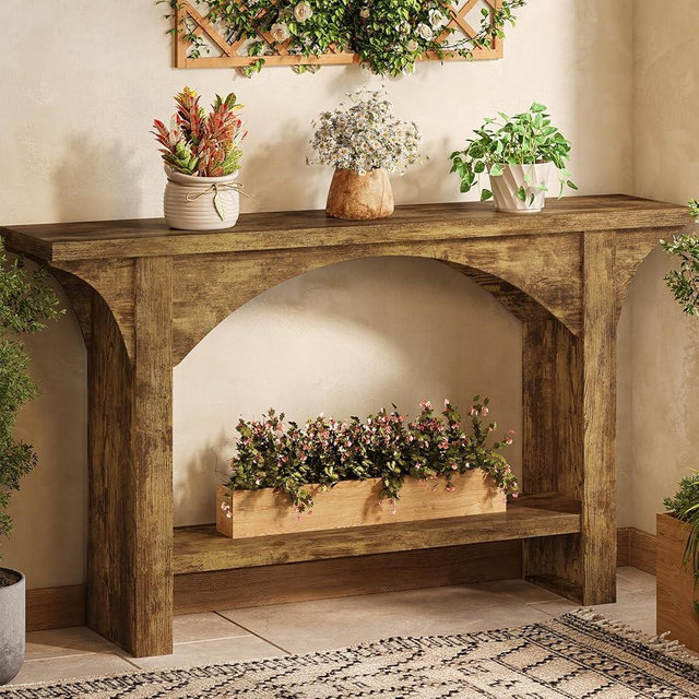 Tarnorci 55 Inches Console Table,2 Tier Farmhouse Entryway Table,Narrow Wood Accent Tables with Storage Shelves for Living Room,Entrance,Hallway,Foyer (Brown)