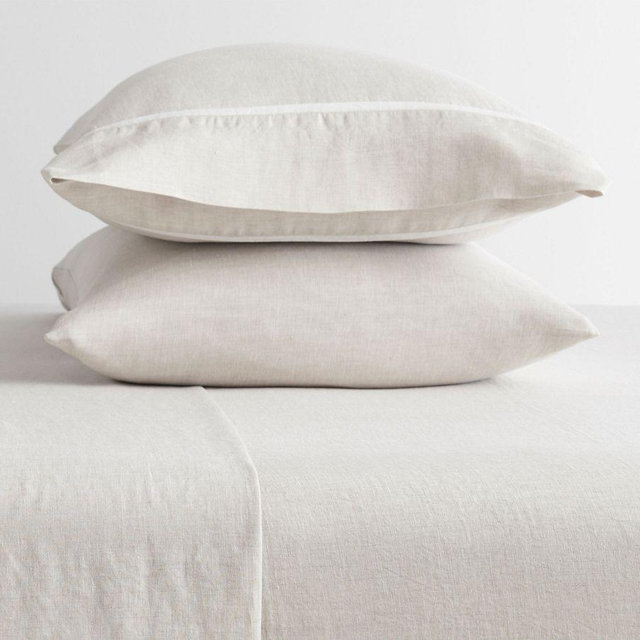 Belgian Flax Linen Contrast Flange Sheet Set, Natural/White