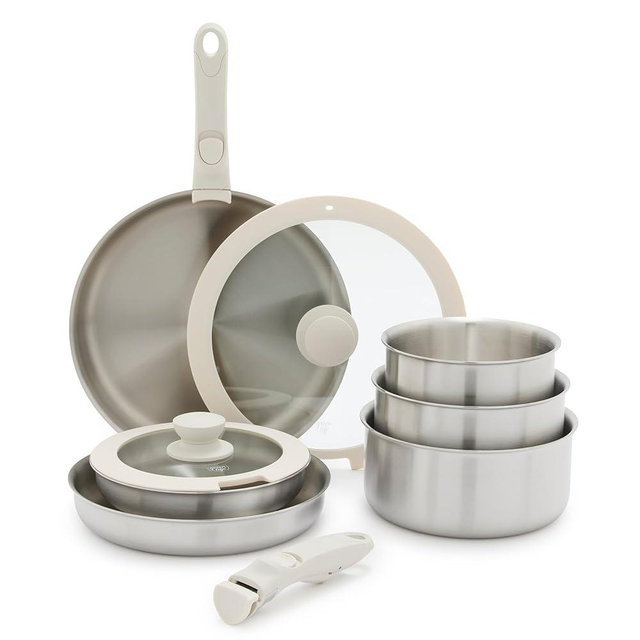GreenLife Click 10-Piece Stainless Steel TriPly Cookware Set, Detachable Handle, Stackable Space Saving Kitchen Essential, PFAS-Free Pots & Pans, Induction & Oven Safe, Glass Lid, Silver