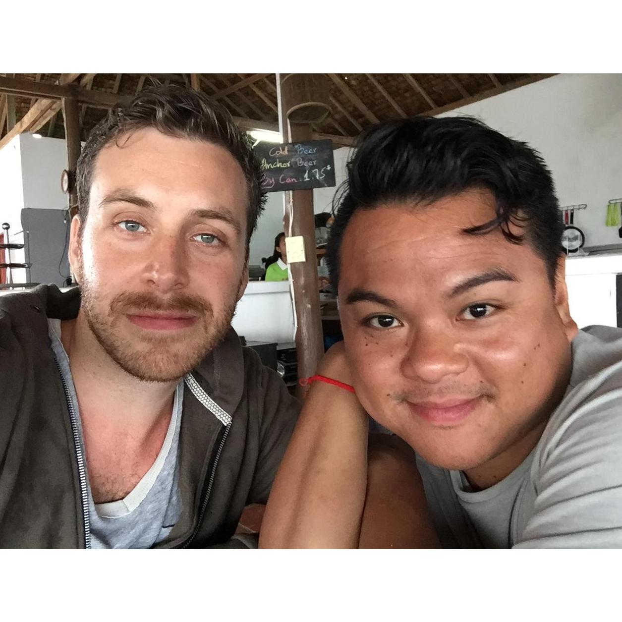 At lunch moments before Greg popped the question. The hotel staff had about a 20 minute window to set up the room with the ring and champagne. Greg was so nervous he was on the verge of vomiting here!
