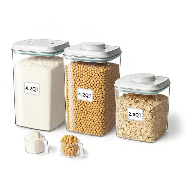 EQI Airtight Food Containers Set with One-Touch Lid, Mixed Size Set (2.8 Qt + 4.2 Qt *2) with Scoop, Stackable Jars for Complete Kitchen Organization