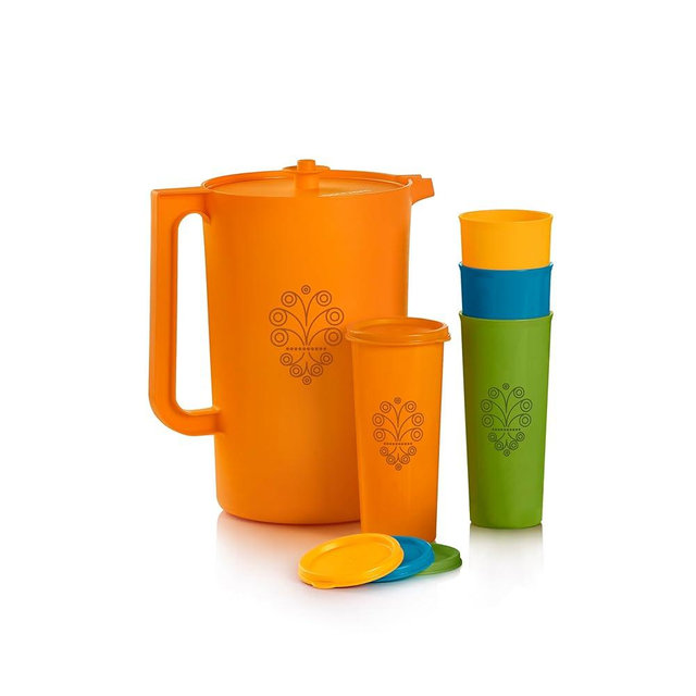 Tupperware Heritage Retro Collection, Pitcher and 4 Tumbler Set in Retro Colors, Dishwasher Safe and BPA Free