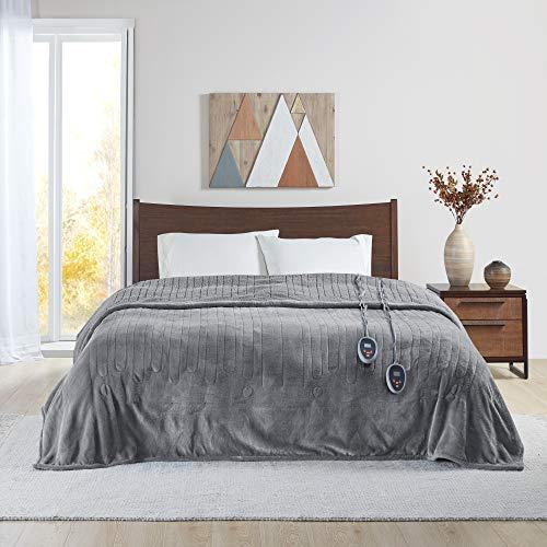 Beautyrest Heated Microlight to Berber Elect Electric Blanket with Two 20 Heat Level Setting Controllers, King, Grey