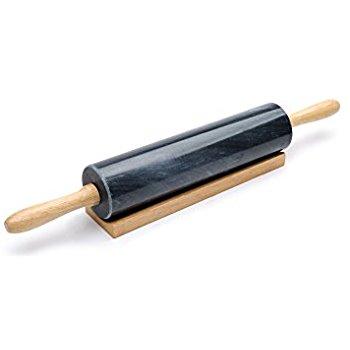 Marble Rolling Pin with Wooden Handles and Base/Cradle, Natural Non-Stick and Stay-Cool Properties, 10-Inch Barrel, Black