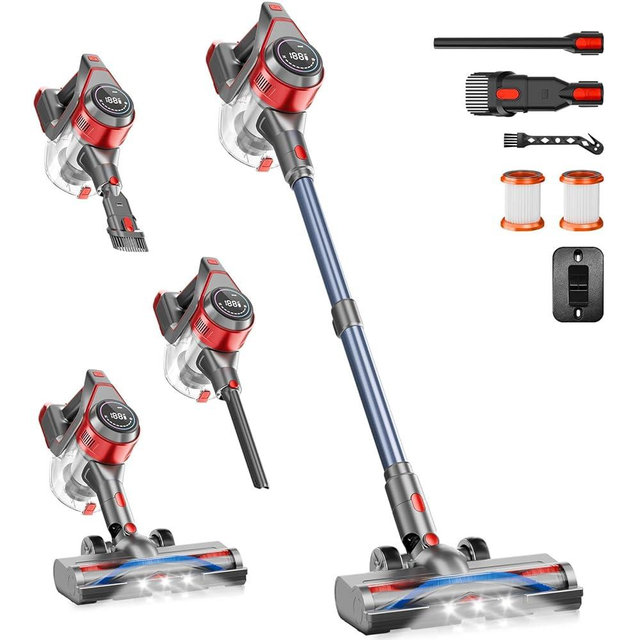 BSNAW Cordless Stick Vacuum Cleaner - Rechargeable, 35Kpa Powerful Vacuums with Detachable Battery, LED Display, 45Mins Runtime, 8 in 1 Handheld Vacuum for Hardfloor & Carpets Pet Hair, Red