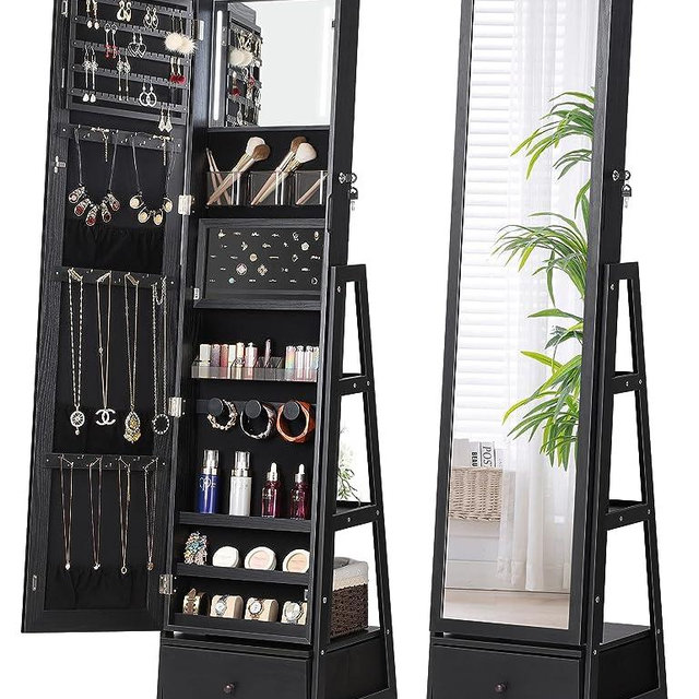 Nicetree 360° Swivel Jewelry Cabinet with Lights, Touch Screen Vanity Mirror, Rotatable Full Length Mirror with Jewelry Storage, Standing Jewelry Armoire Organizer, Foldable Makeup Shelf, Black