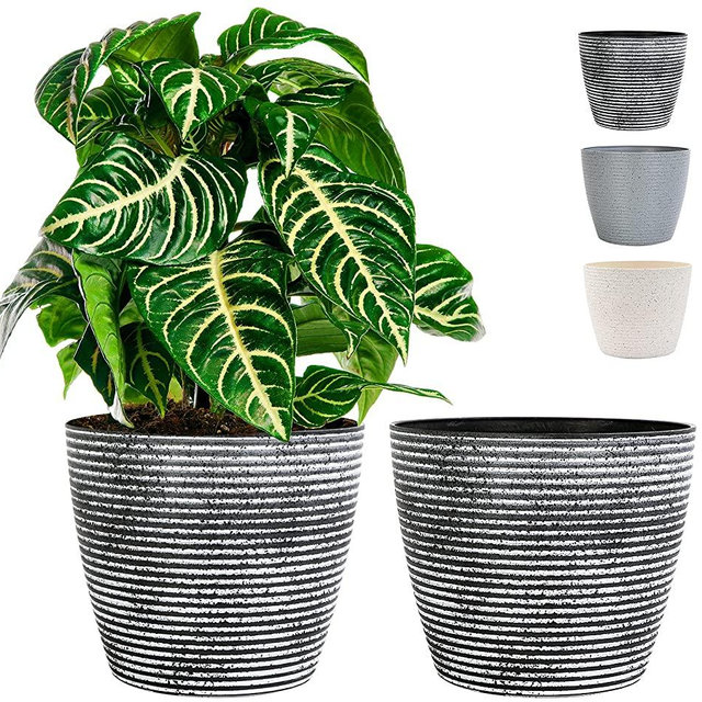 Flower Pots, KOTAO Outdoor Indoor Garden Plant Pots with Drainage Holes, 10 Inch Decorative Optional Planters, Speckled Stripes, Set of 2