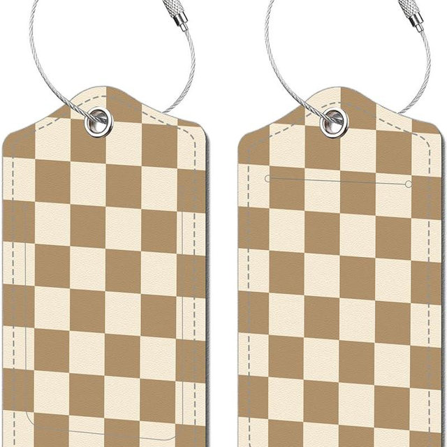 2 Pack Luggage Tags for Suitcase, Fashion Leather Suitcase Tags Cruise Ship with Privacy Cover and Double Metal Loop for Women Men Girls Boys Travel Baggage Bag Backpack Tags，Beige Checkered