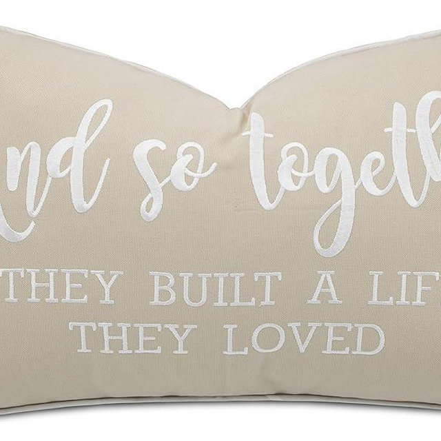 YugTex and So Together They Built A Life They Loved Cotton Embroidered Lumbar Accent Pillowcase - 12x20 Inches, Natural-Ivory