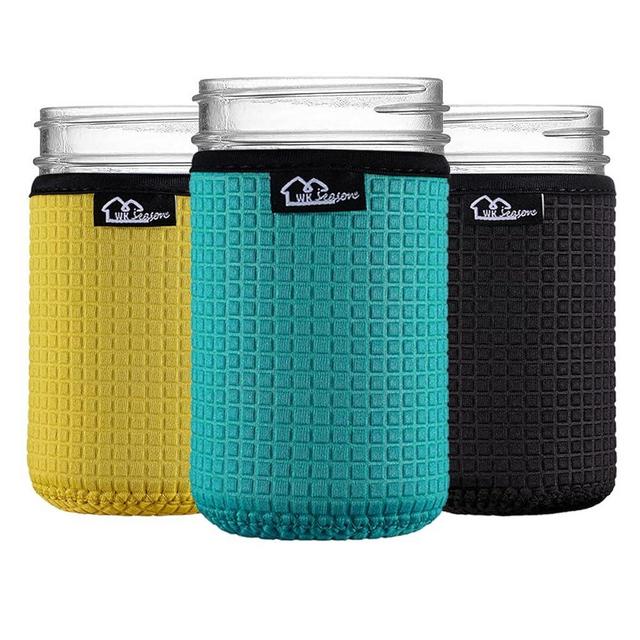 WKieason Wide Mouth Mason Jar Neoprene Sleeve 16-24OZ Mason Jar Sleeves 16OZ 24OZ Wide Mouth Sleeve Cover (16OZ/Black/Yellow/Blue)