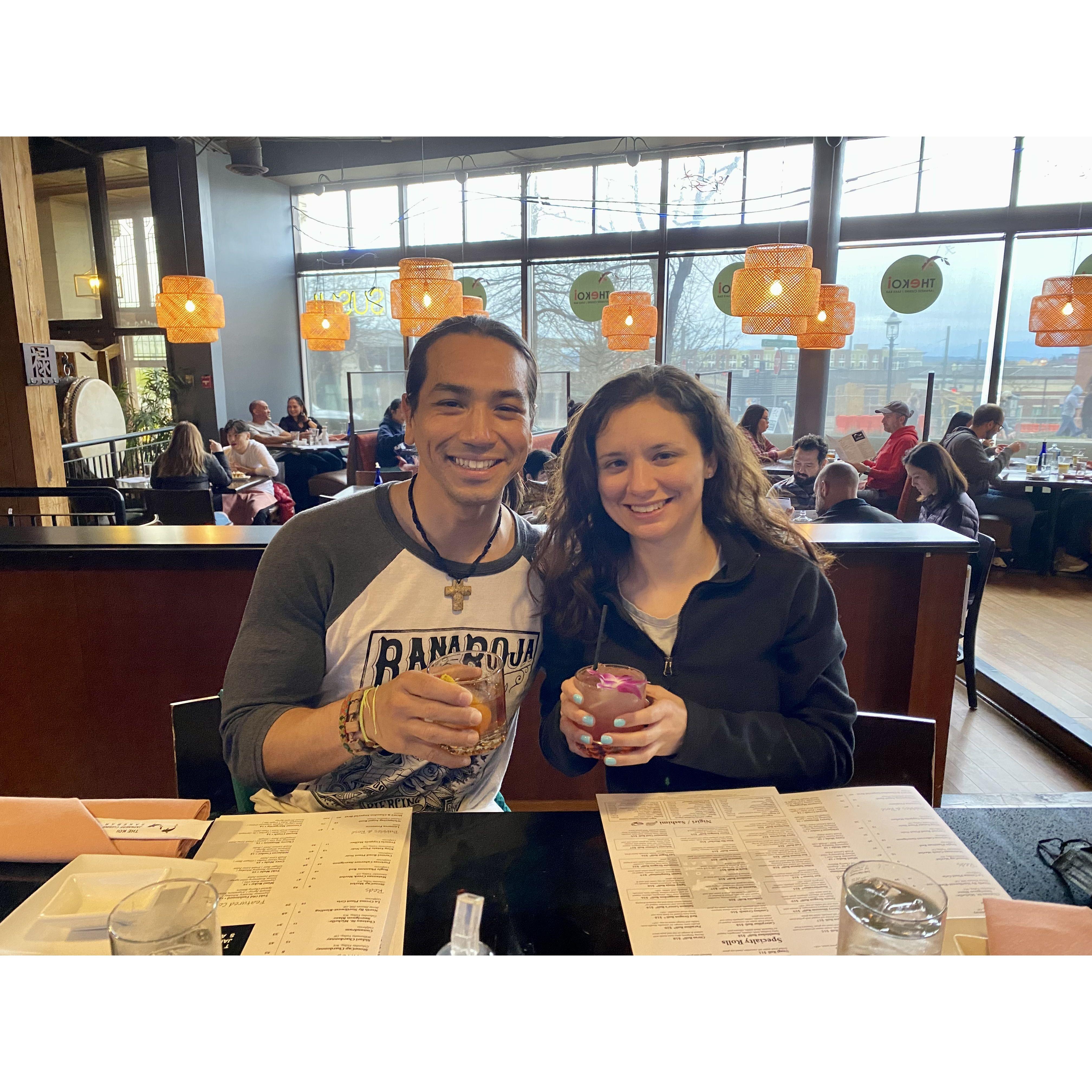 Preflight drinks on our way to La Paz, Mex. Taken while we were still dating.