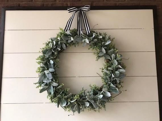 Farmhouse XL 24 in Lambs Ear Eucalyptus Wreath, Realistic Faux Lambs Ear Wreath, Fixer Upper inspired Wreath, Outdoor Wreath with Black Stripe Rippon