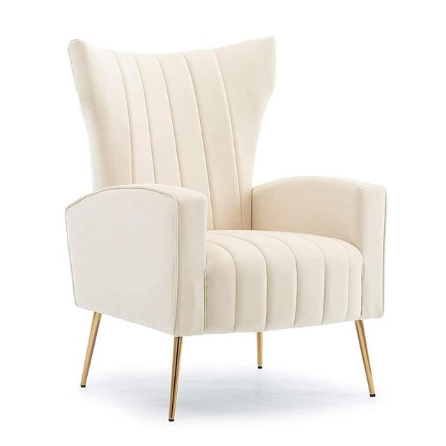 HOMEFUN Velvet Accent Chair, Upholstered Wing Back Arm Chair Single Sofa with Metal Legs for Living Room Bedroom Office, Beige