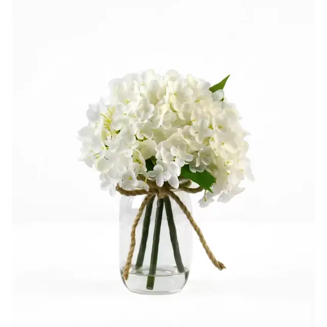 Faux 8-Inch White Hydrangea Floral Arrangement with Glass Jar