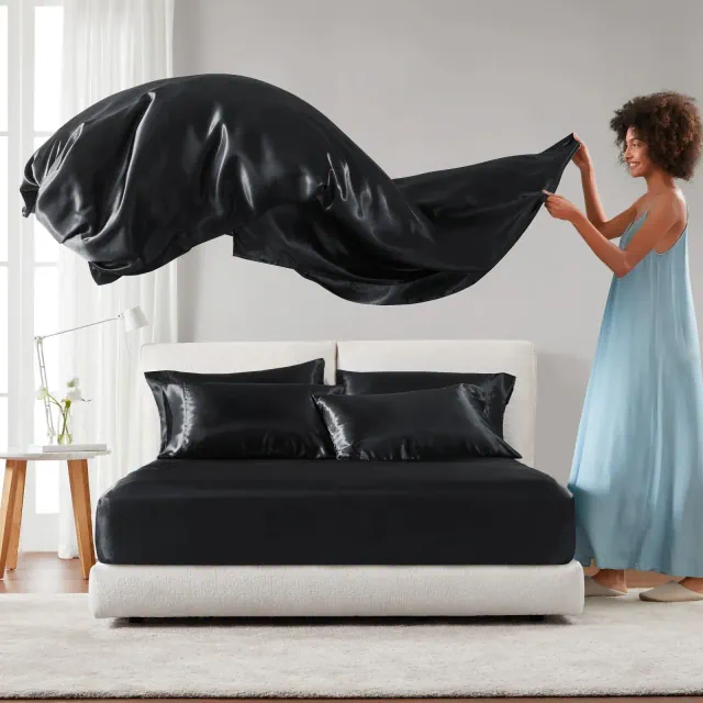 Satin Sheets, Luxurious Silky Satin Bed Sheets, 14" Pocket fits up to 16" Mattress, Wrinkle-Free, Soft Satin Bed Sheet Set,Black,King