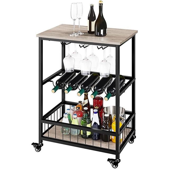 Yaheetech Bar Cart, Mobile Home Kitchen Serving Cart on Wheels, Industrial 3 Tier Rolling Utility Wine Cart with Wine Rack and Glass Holder for Dining Room, Living Room, 24 x 16 x 33 Inches
