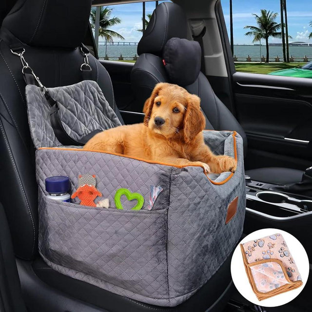 AlfaTok Memory Foam Booster Dog Car Seat with Washable Removable Cover, Elevated Pet Car Seat, Anti-Slip Sturdy Dog Booster Seats for Small Dogs 35lbs, Dog Seat Belt, Storage Pocket, Dog Blankets