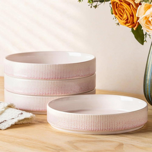 theterra 7.5'' Ceramic Pasta Bowls, Salad Bowls Set of 4, Stoneware Serving Bowls for Fruits, Noodle, Dinner, House-warming Wedding Present, Primrose Pink