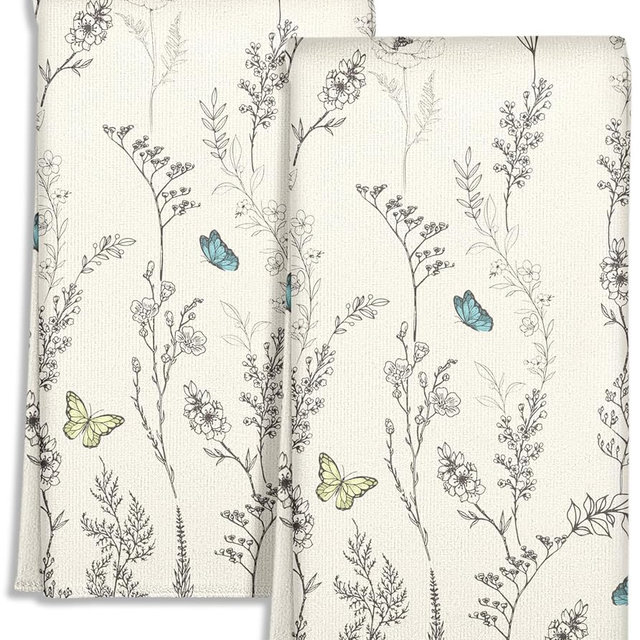 Miss Adola Cute Kitchen Towels Set of 2 - Dish Towels 18 x 26 Inch Microfiber Tea Towel for Home Decorative White Flower Spring Soft Reusable & Absorbent Aesthetic Vintage Design