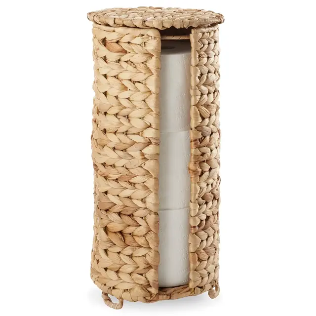 Casafield Toilet Paper Roll Holder with Lid - Natural, Fits 3 Rolls, Free Standing Water Hyacinth Bath Tissue Storage Organizer for Bathroom