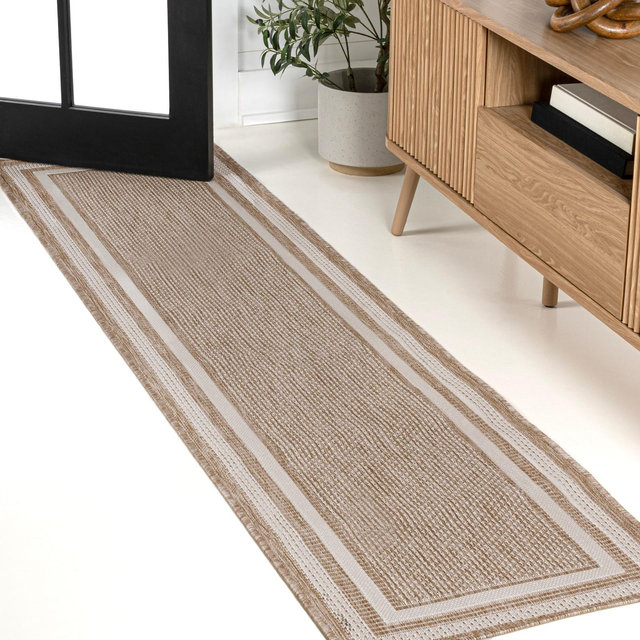 JONATHAN Y Dover Classic 3-Stripe Border Beige/Cream 2 ft. x 8 ft. Indoor/Outdoor Runner Rug, Non-Shedding, Easy-Clean