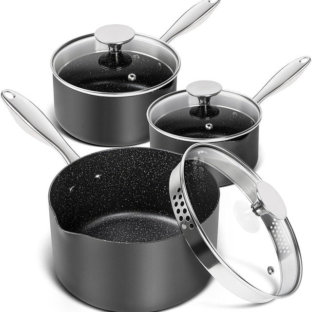 MICHELANGELO Hard Anodized Saucepan Set with Lids, Nonstick Saucepan with Pour Spouts & Strainer Lid for Easy Pour, Granite Derived Coating Sauce Pot Set - 1.5QT & 2QT &3QT Induction Sauce Pans