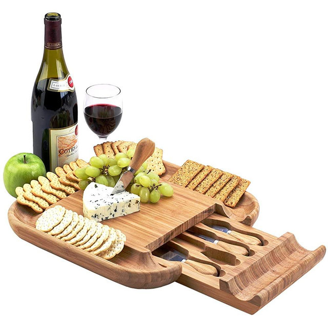 Picnic at Ascot Original Bamboo Cheese/Charcuterie Board with Cracker Groove & Drawer with Cheese Tools - Designed & Quality Checked in the USA