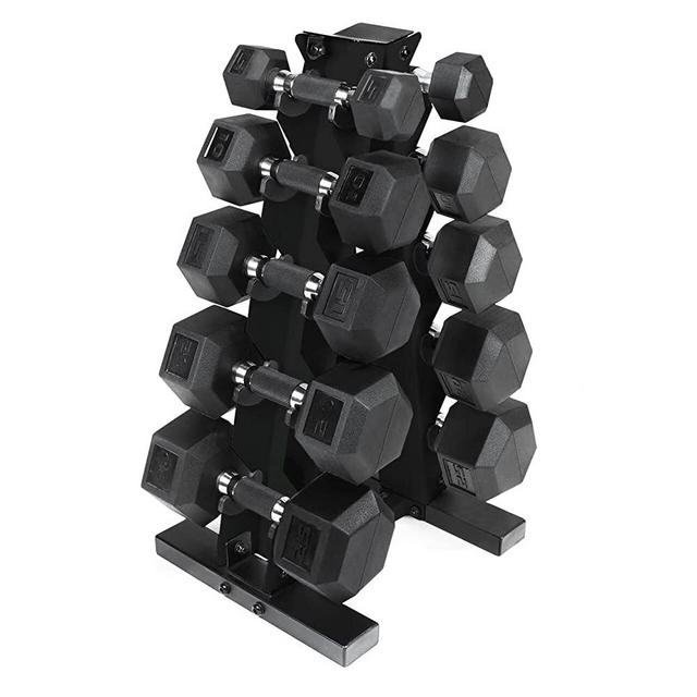 WF Athletic Supply 5-25Lb Rubber Coated Hex Dumbbell Set with A Frame Storage Rack Non-Slip Hex Shape for Muscle Toning, Strength Building & Weight Loss - Multiple Choices Available