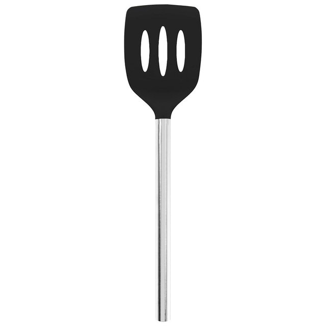 Tovolo Silicone Slotted Turner With Stainless Steel Handle, Pancake Spatula, Scratch-Resistant Kitchen Utensil for Nonstick Cookware & Cast Iron Skillets, Black, 1 Count