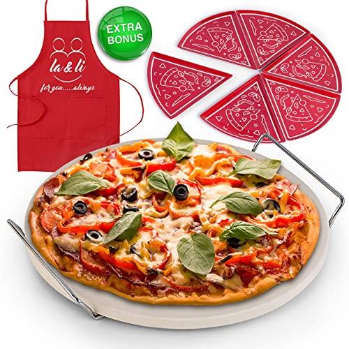 La & Li Premium Pizza Stone Set: Large 15 Inch Round Plate for Oven or BBQ Grill, Multipurpose Rack Stand with Handles, 6 Pizza-Pie Plates and Apron