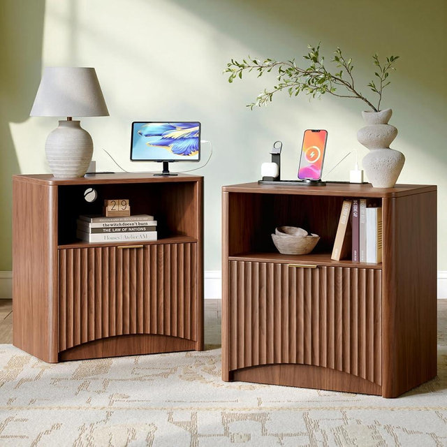 Evermagin Fluted Nightstand Set of 2 with Charging Station, Walnut Bedside Table with Drawer and Storage, Wood End Table Mid Century Modern, Large Night Stand for Bedroom
