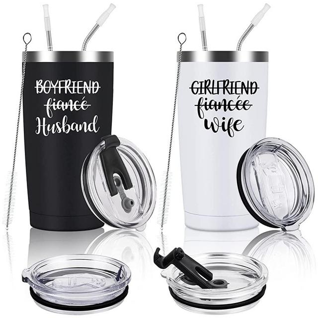 Husband and Wife Travel Tumbler Set, Wedding Engagement Anniversary Valentine’s Day Gifts for Couple Husband Wife Bride Groom, His and Hers Newlywed Gifts, 20oz Stainless Steel Insulated Tumbler