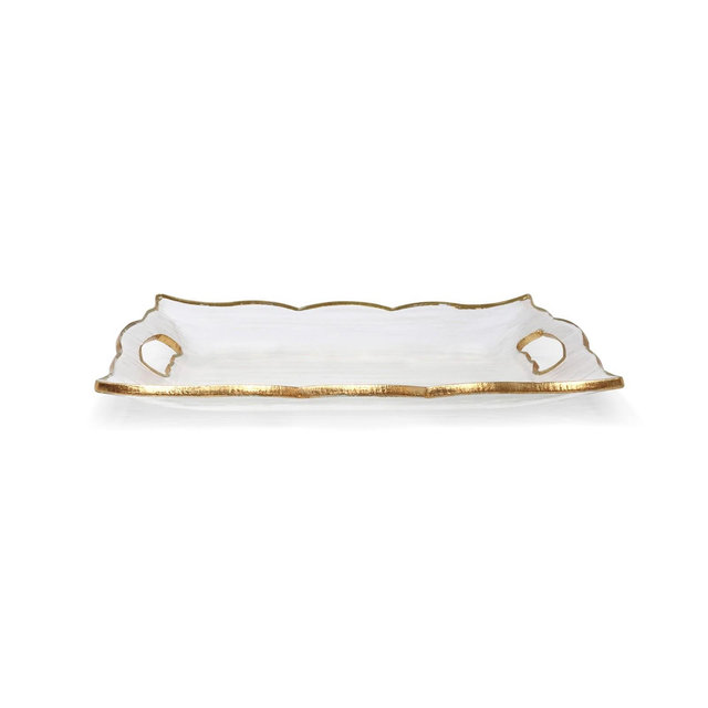 Rectangular Glass Tray with Handles and Gold-Tone Rim, 11.5"