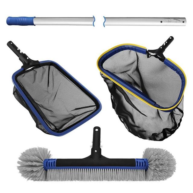 Poolvio 5-in-1 Pool Cleaning Kit - Includes Semi-Deep Skimmer Net, Aluminum Leaf Rake, 20' Pool Brush with 13ft Adjustable Pole