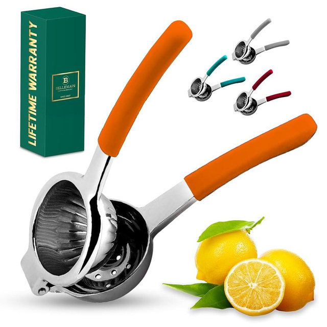 Bellemain Citrus Juicer | Metal Lemon Squeezer | Lime and Lemon Juicer Stainless Steel with Silicone Handles | Manual Juicer, Citrus Squeezer, Hand Held Juicer | Bar Juicer for Bartender (Orange)