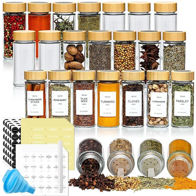 NETANY 36 Pcs Spice Jars with Bamboo Lids - 4 oz Round Glass Spice Jars with Labels , Minimalist Farmhouse Spice Labels Stickers, Collapsible Funnel, Seasoning Bottles for Spice Rack, Cabinet, Drawer
