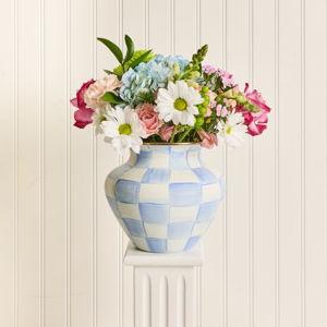 MACKENZIE-CHILDS Enamel Vase, Unique Flower-Vase Decor for Living Room, Large, Light-Blue-and-White Sky Check