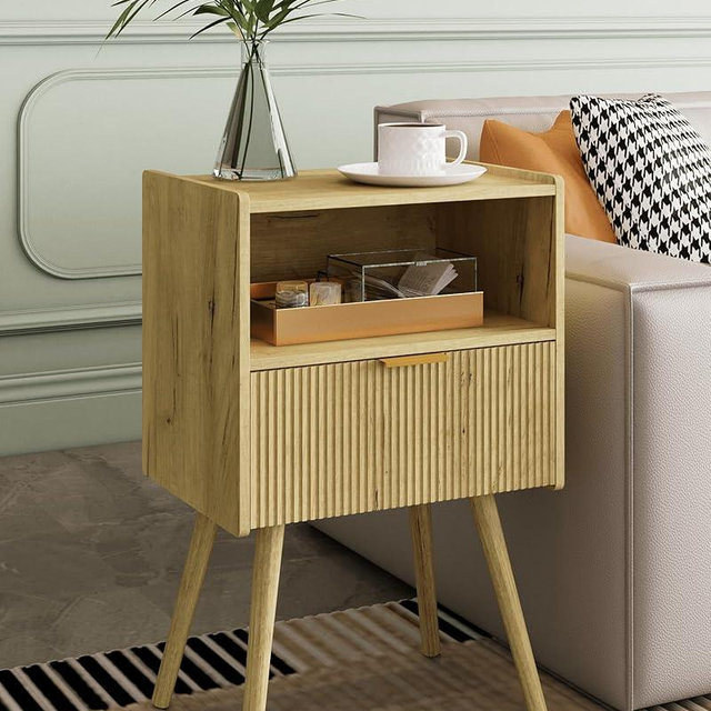 Veegle Nightstand,Modern Bedside Table with Storage Drawer and Open Wood Shelf, Accent Night Stand with Solid Wood Legs for Living Room, Bedroom and Small Spaces,Easy Assembly (Yellow Oak)