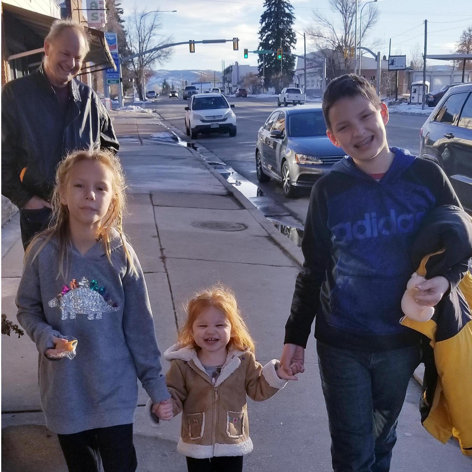 Grandpa, Trinity, Emma and Noah walking in Kamas - 2018